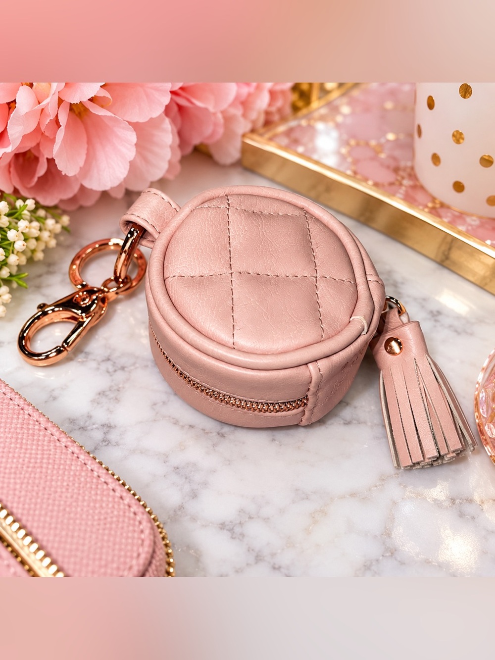Quilted Blush Pink Round Coin Purse Keychain Tassel Charm